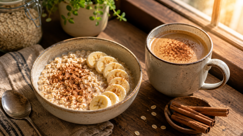 Bowl of oatmeal topped with cinnamon for a healthy breakfast